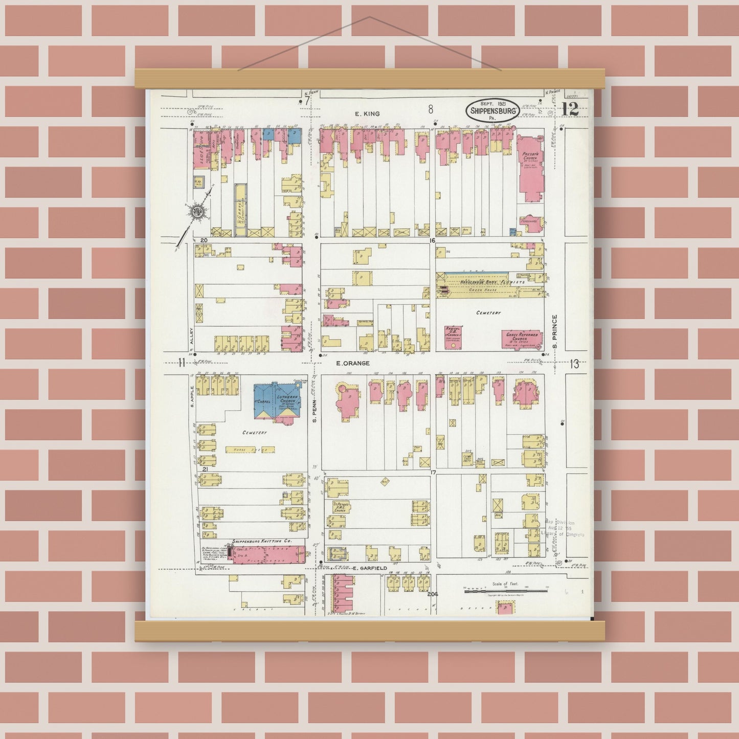 Old map wall art mockup — magnetic wood frame on brick wall — Sanborn Fire Insurance Map from Shippensburg, Cumberland And Franklin Counties, Pennsylvania (1921), Sheet #0012