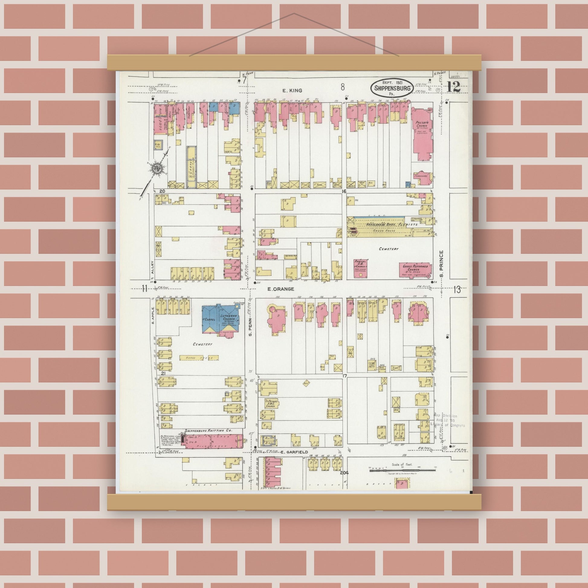 Old map wall art mockup — magnetic wood frame on brick wall — Sanborn Fire Insurance Map from Shippensburg, Cumberland And Franklin Counties, Pennsylvania (1921), Sheet #0012
