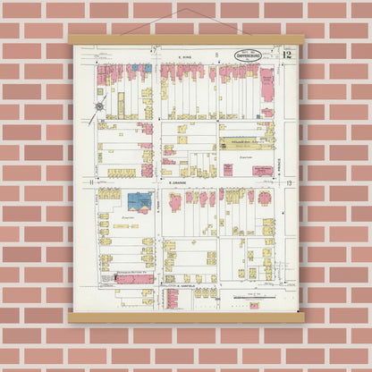 Old map wall art mockup — magnetic wood frame on brick wall — Sanborn Fire Insurance Map from Shippensburg, Cumberland And Franklin Counties, Pennsylvania (1921), Sheet #0012