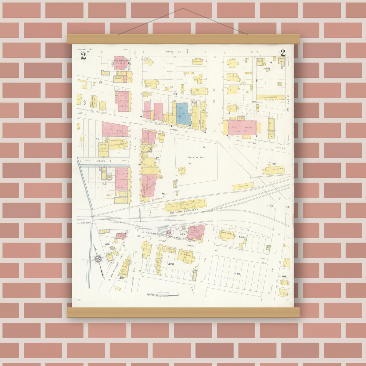 Old map wall art mockup — magnetic wood frame on brick wall — Sanborn Fire Insurance Map from Silsbee, Hardin County, Texas (1937), Sheet #0002