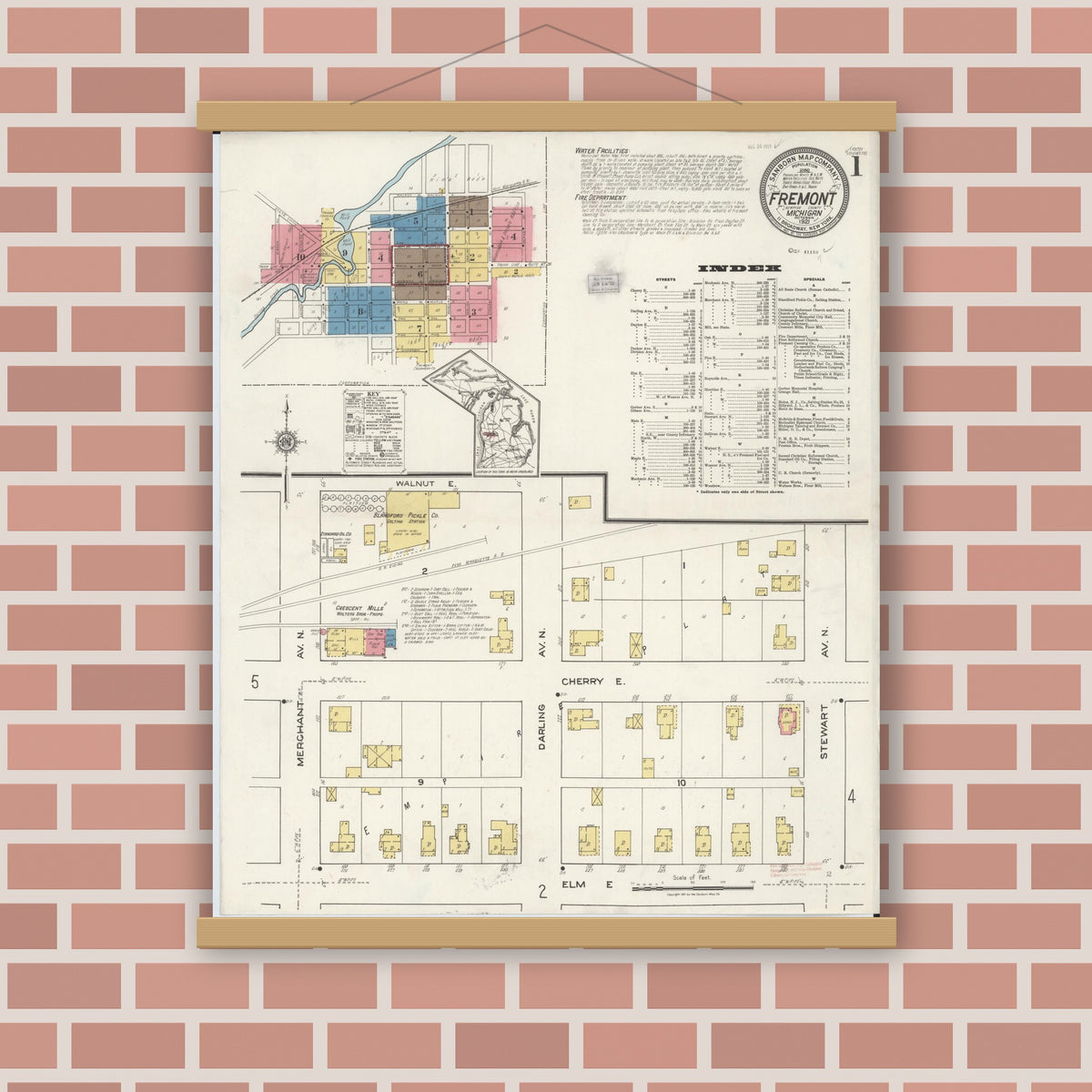 Old map wall art mockup — magnetic wood frame on brick wall — Sanborn Fire Insurance Map from Fremont, Newaygo County, Michigan (1921), Sheet #0001