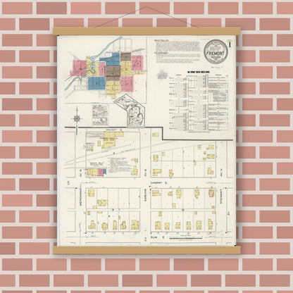 Old map wall art mockup — magnetic wood frame on brick wall — Sanborn Fire Insurance Map from Fremont, Newaygo County, Michigan (1921), Sheet #0001