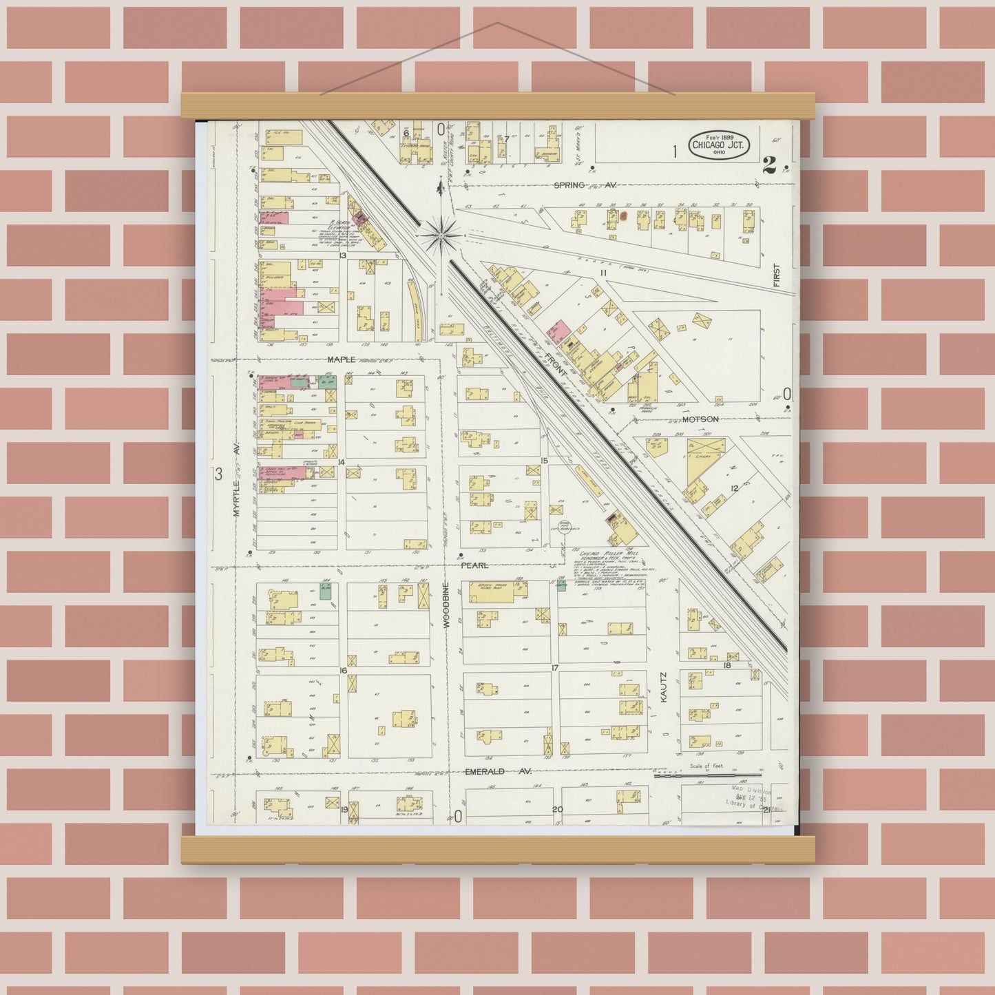 Old map wall art mockup — magnetic wood frame on brick wall — Sanborn Fire Insurance Map from Chicago Junction, Huron County, Ohio (1899), Sheet #0002