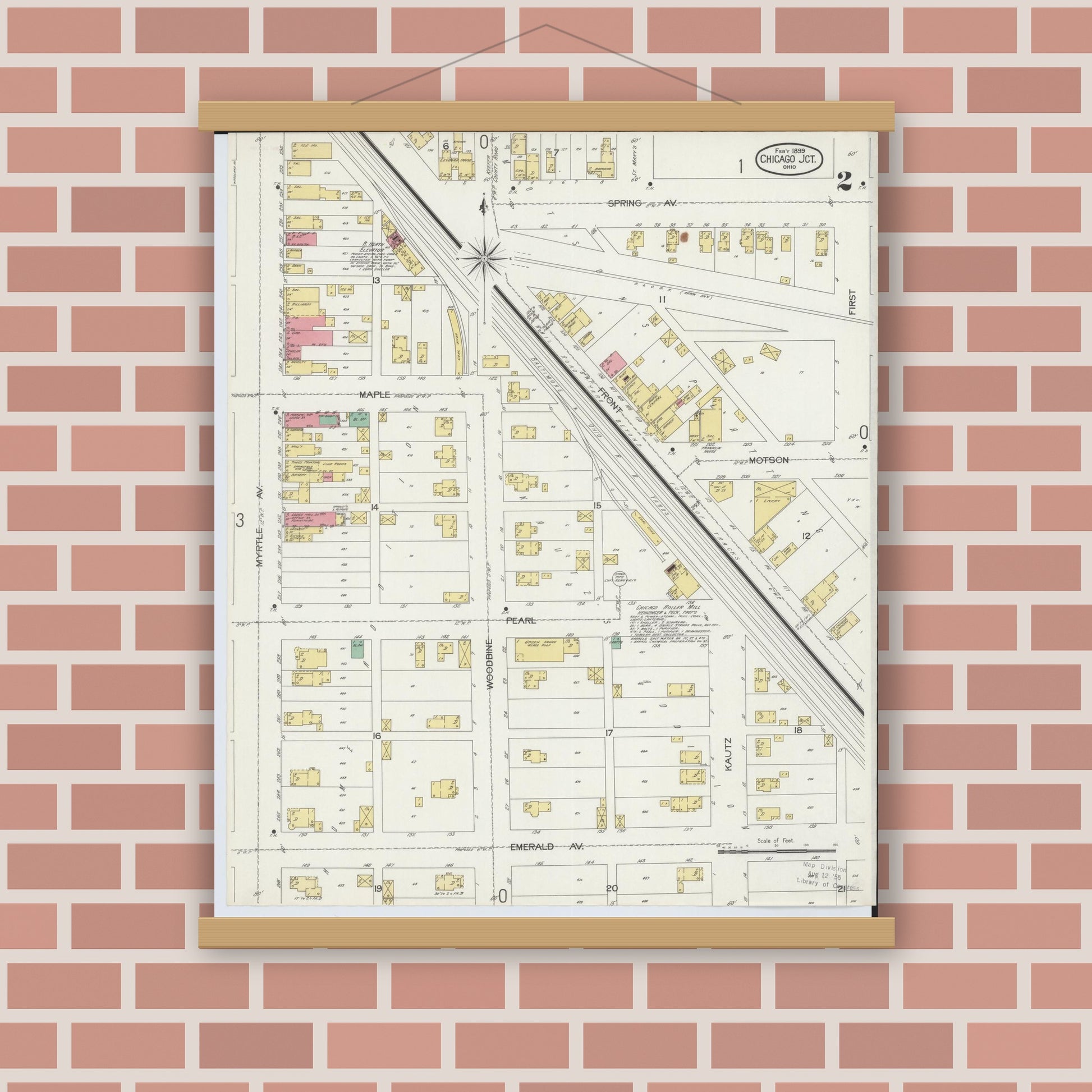 Old map wall art mockup — magnetic wood frame on brick wall — Sanborn Fire Insurance Map from Chicago Junction, Huron County, Ohio (1899), Sheet #0002