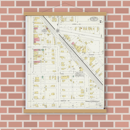 Old map wall art mockup — magnetic wood frame on brick wall — Sanborn Fire Insurance Map from Chicago Junction, Huron County, Ohio (1899), Sheet #0002