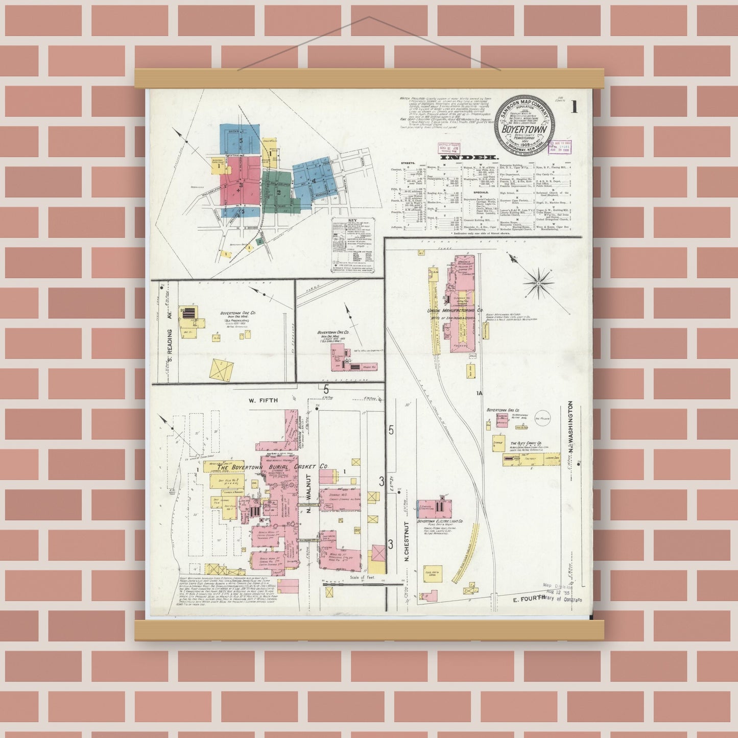 Old map wall art mockup — magnetic wood frame on brick wall — Sanborn Fire Insurance Map from Boyertown, Berks County, Pennsylvania (1909) - Complete Map Set