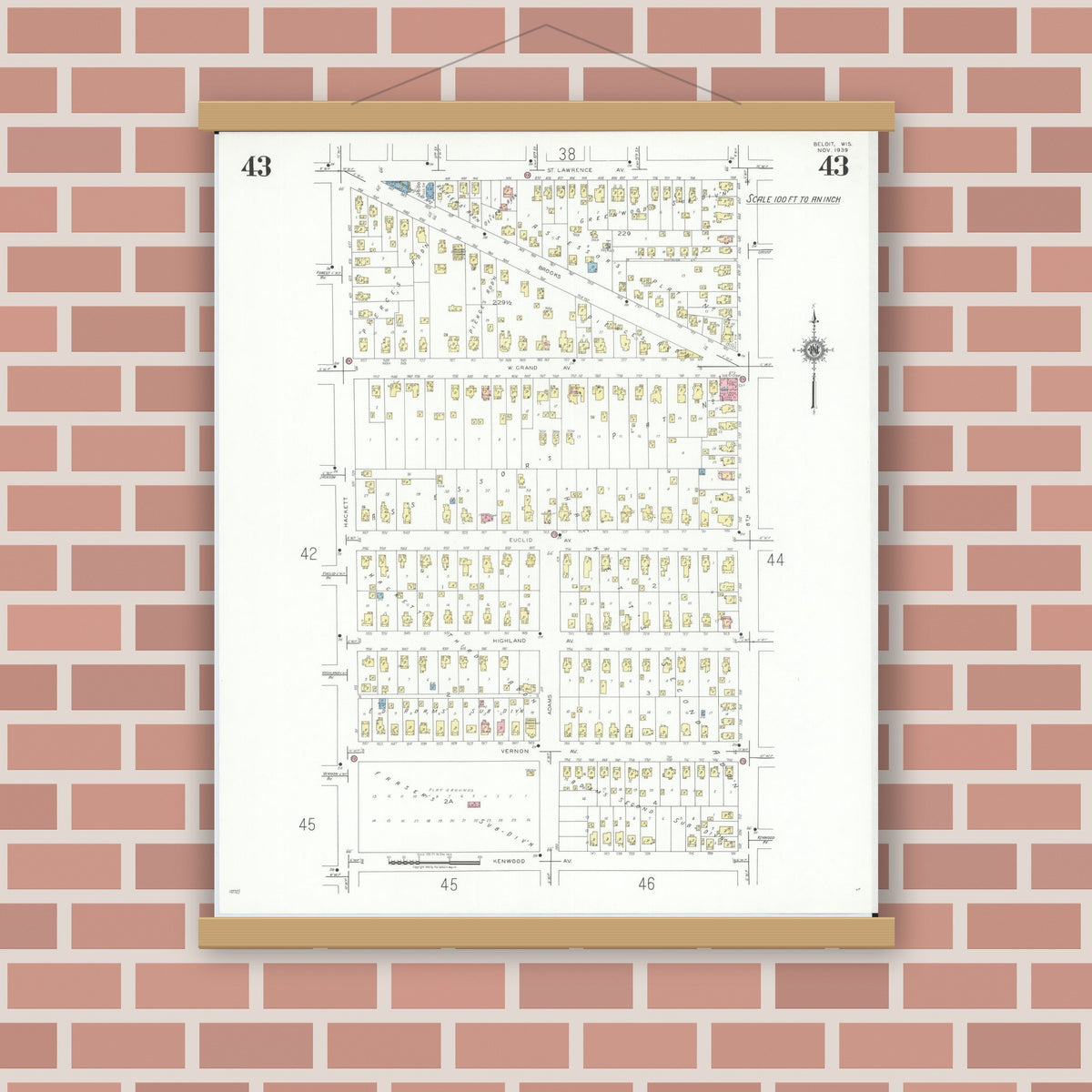 Old map wall art mockup — magnetic wood frame on brick wall — Sanborn Fire Insurance Map from Beloit, Rock County, Wisconsin (1939), Sheet #0043