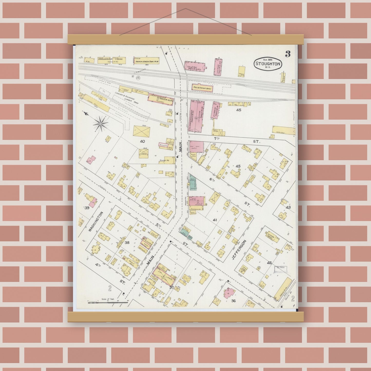 Old map wall art mockup — magnetic wood frame on brick wall — Sanborn Fire Insurance Map from Stoughton, Dane County, Wisconsin (1892), Sheet #0003