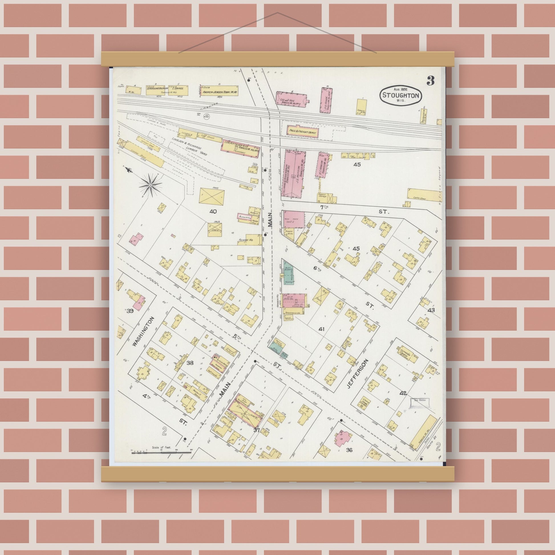 Old map wall art mockup — magnetic wood frame on brick wall — Sanborn Fire Insurance Map from Stoughton, Dane County, Wisconsin (1892), Sheet #0003