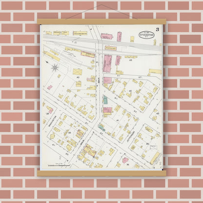 Old map wall art mockup — magnetic wood frame on brick wall — Sanborn Fire Insurance Map from Stoughton, Dane County, Wisconsin (1892), Sheet #0003