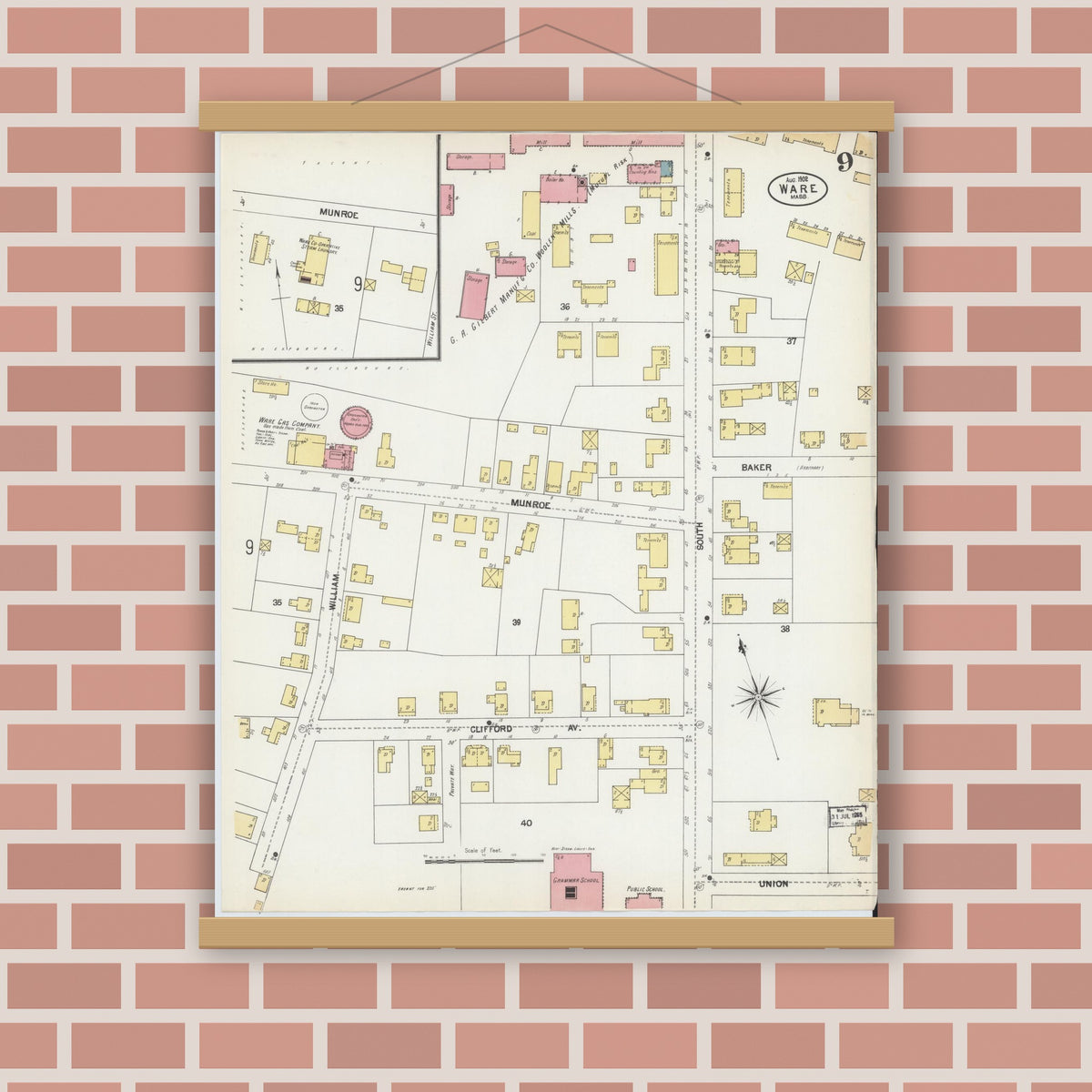 Old map wall art mockup — magnetic wood frame on brick wall — Sanborn Fire Insurance Map from Ware, Hampshire County, Massachusetts (1902), Sheet #0009