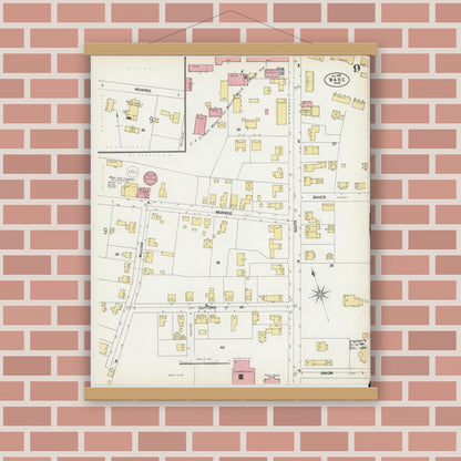 Old map wall art mockup — magnetic wood frame on brick wall — Sanborn Fire Insurance Map from Ware, Hampshire County, Massachusetts (1902), Sheet #0009