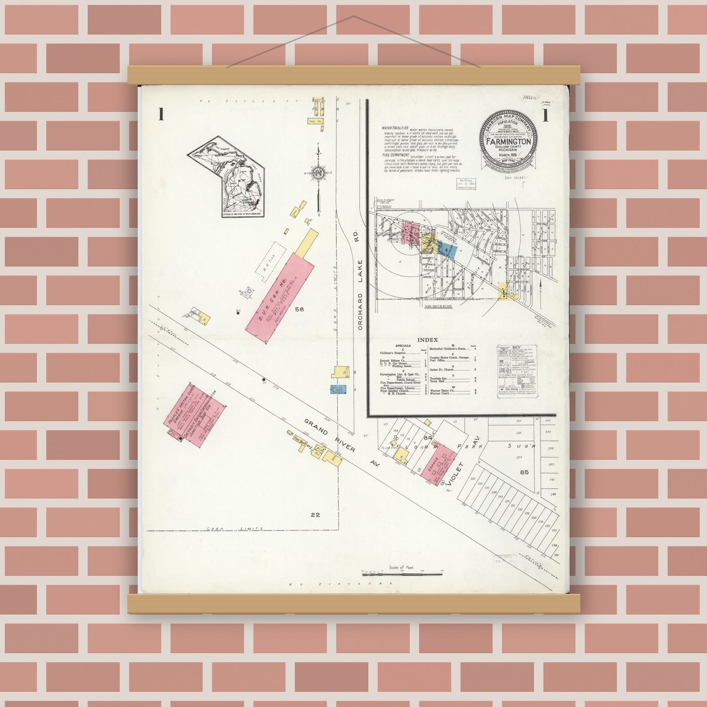 Old map wall art mockup — magnetic wood frame on brick wall — Sanborn Fire Insurance Map from Farmington, Oakland County, Michigan (1926) - Complete Map Set