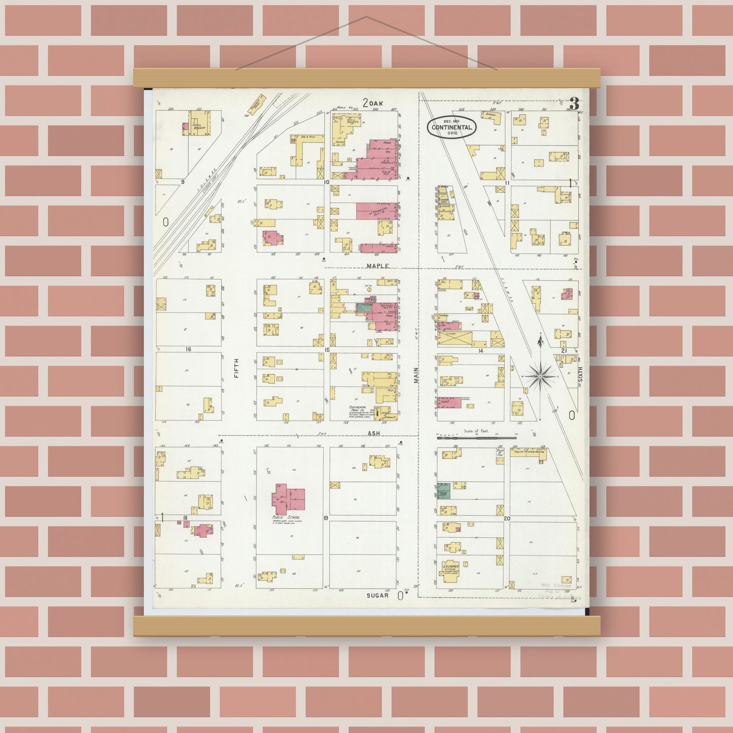 Old map wall art mockup — magnetic wood frame on brick wall — Sanborn Fire Insurance Map from Continental, Putnam County, Ohio (1901), Sheet #0003