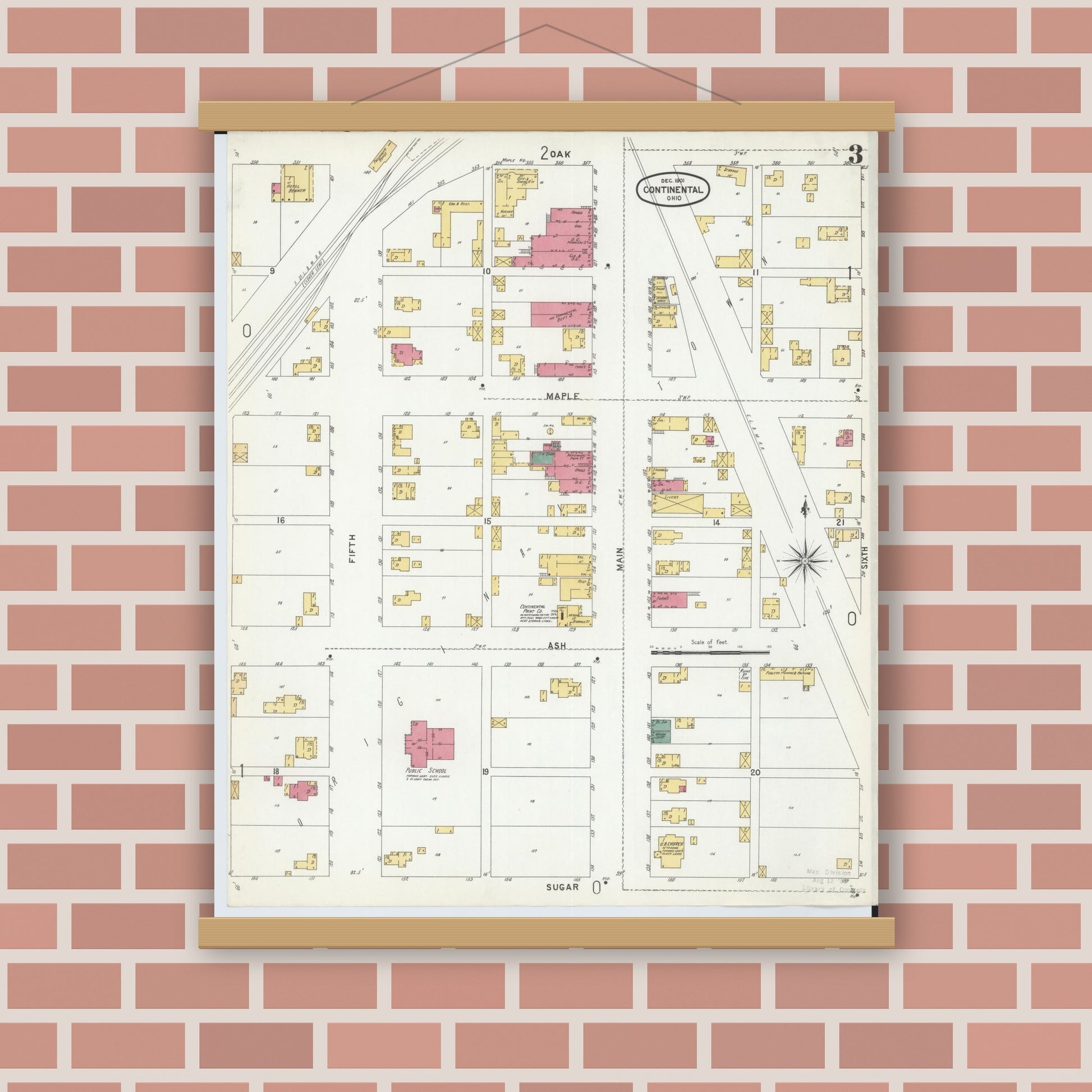 Old map wall art mockup — magnetic wood frame on brick wall — Sanborn Fire Insurance Map from Continental, Putnam County, Ohio (1901), Sheet #0003