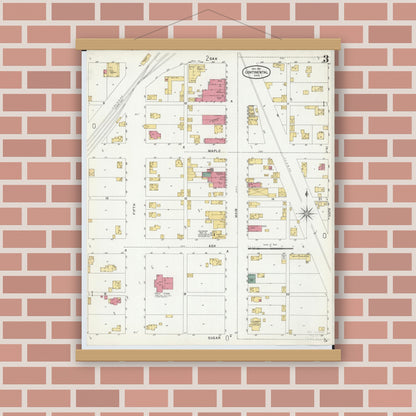 Old map wall art mockup — magnetic wood frame on brick wall — Sanborn Fire Insurance Map from Continental, Putnam County, Ohio (1901), Sheet #0003