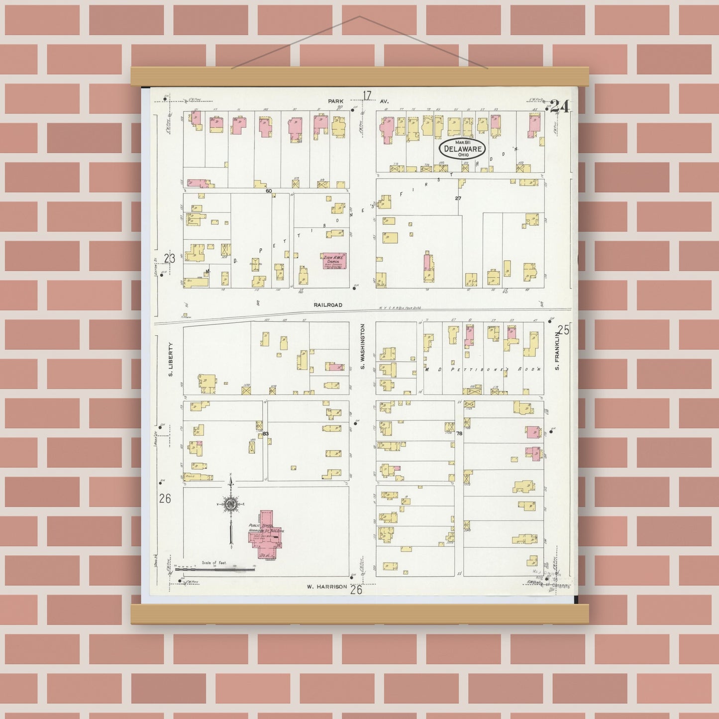 Old map wall art mockup — magnetic wood frame on brick wall — Sanborn Fire Insurance Map from Delaware, Delaware County, Ohio (1911), Sheet #0024
