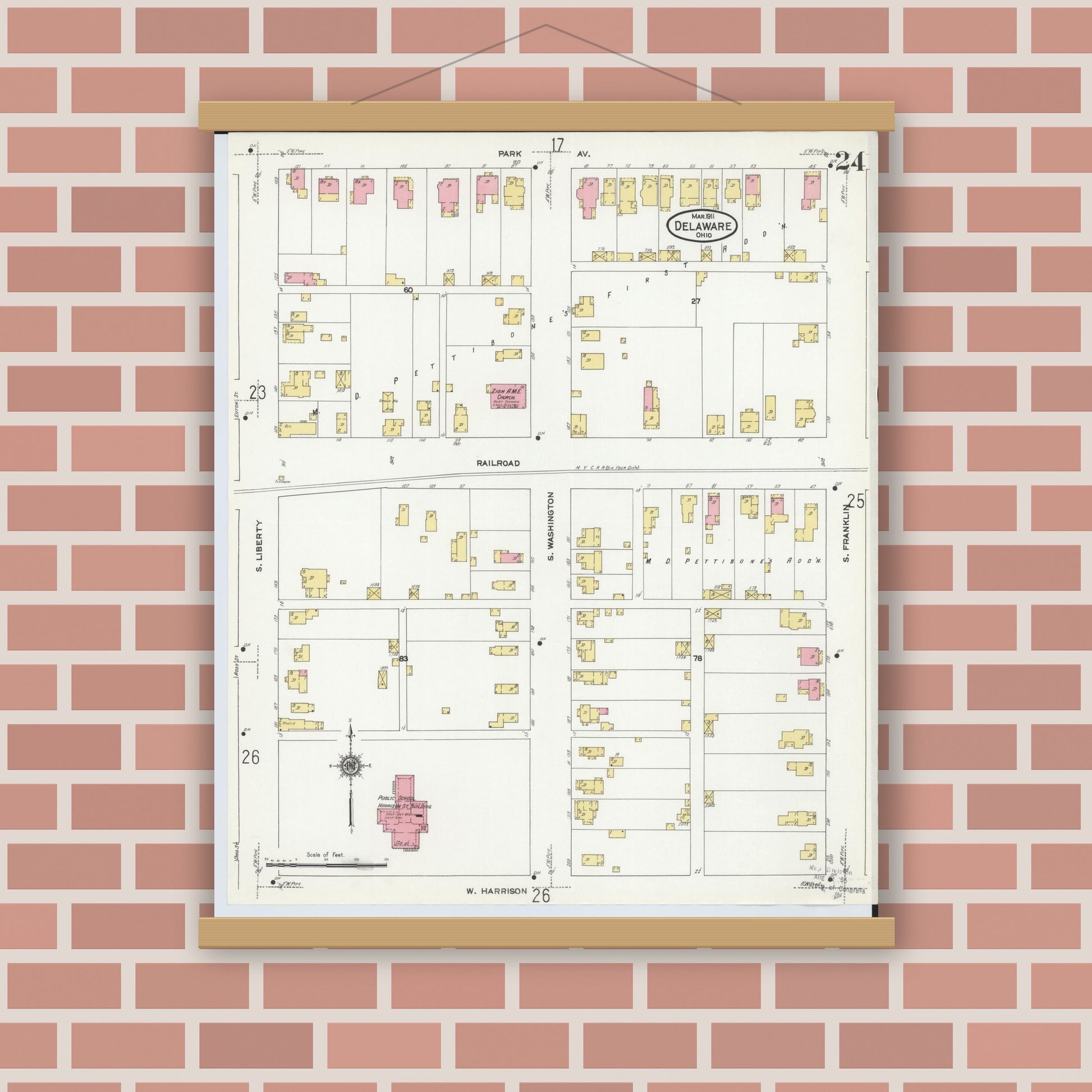 Old map wall art mockup — magnetic wood frame on brick wall — Sanborn Fire Insurance Map from Delaware, Delaware County, Ohio (1911), Sheet #0024