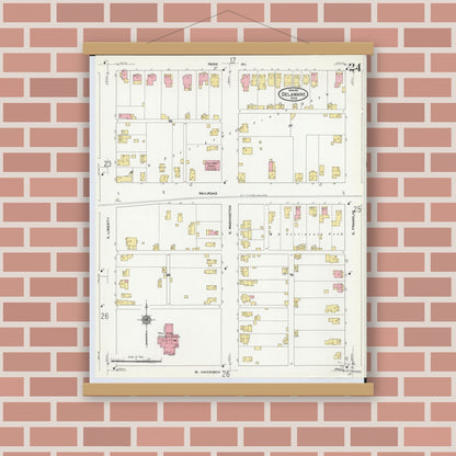 Old map wall art mockup — magnetic wood frame on brick wall — Sanborn Fire Insurance Map from Delaware, Delaware County, Ohio (1911), Sheet #0024