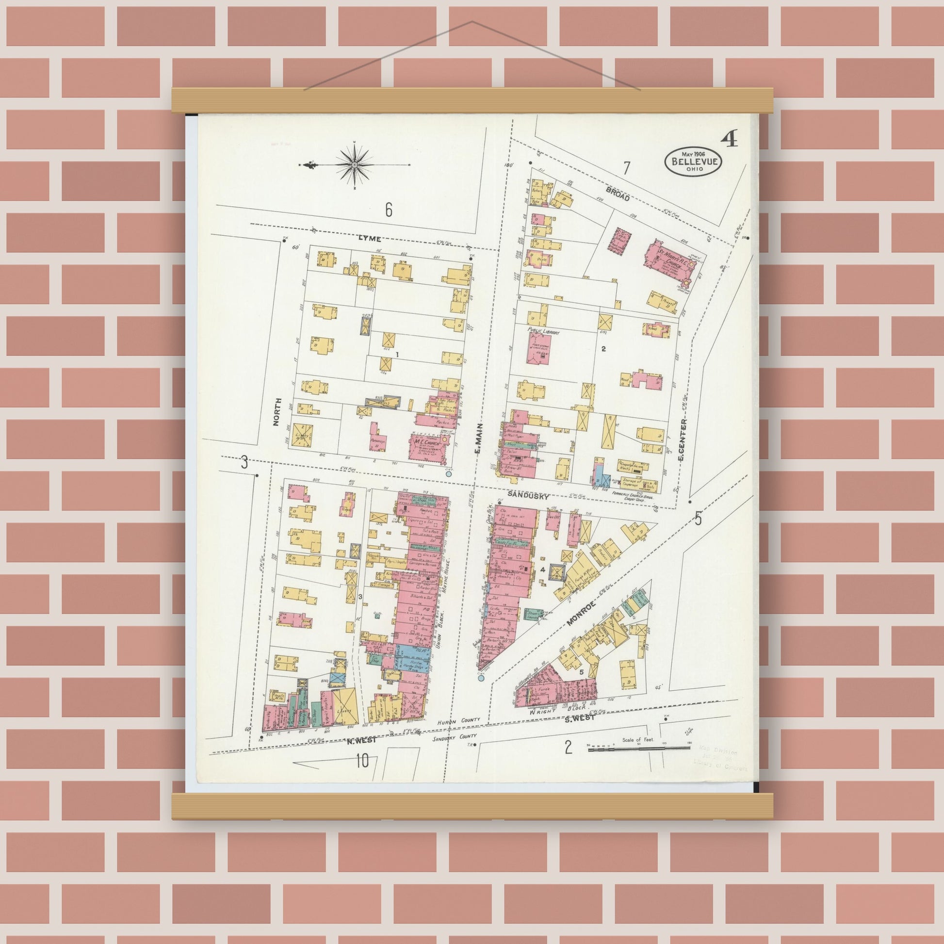 Old map wall art mockup — magnetic wood frame on brick wall — Sanborn Fire Insurance Map from Bellevue, Huron And Sandusky County, Ohio (1906), Sheet #0004