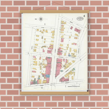 Old map wall art mockup — magnetic wood frame on brick wall — Sanborn Fire Insurance Map from Bellevue, Huron And Sandusky County, Ohio (1906), Sheet #0004