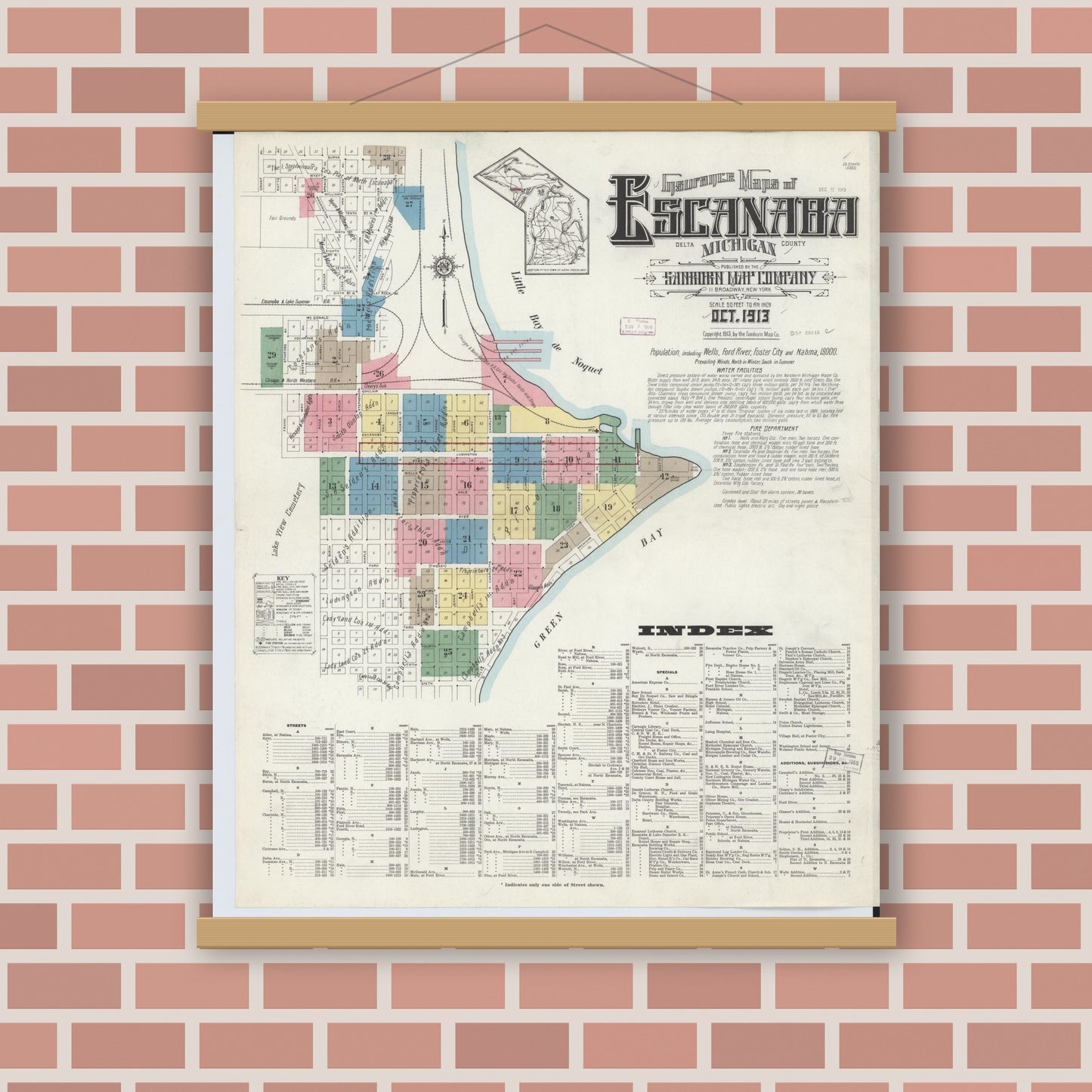 Old map wall art mockup — magnetic wood frame on brick wall — Sanborn Fire Insurance Map from Escanaba, Delta County, Michigan (1913) - Complete Map Set