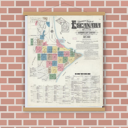 Old map wall art mockup — magnetic wood frame on brick wall — Sanborn Fire Insurance Map from Escanaba, Delta County, Michigan (1913) - Complete Map Set