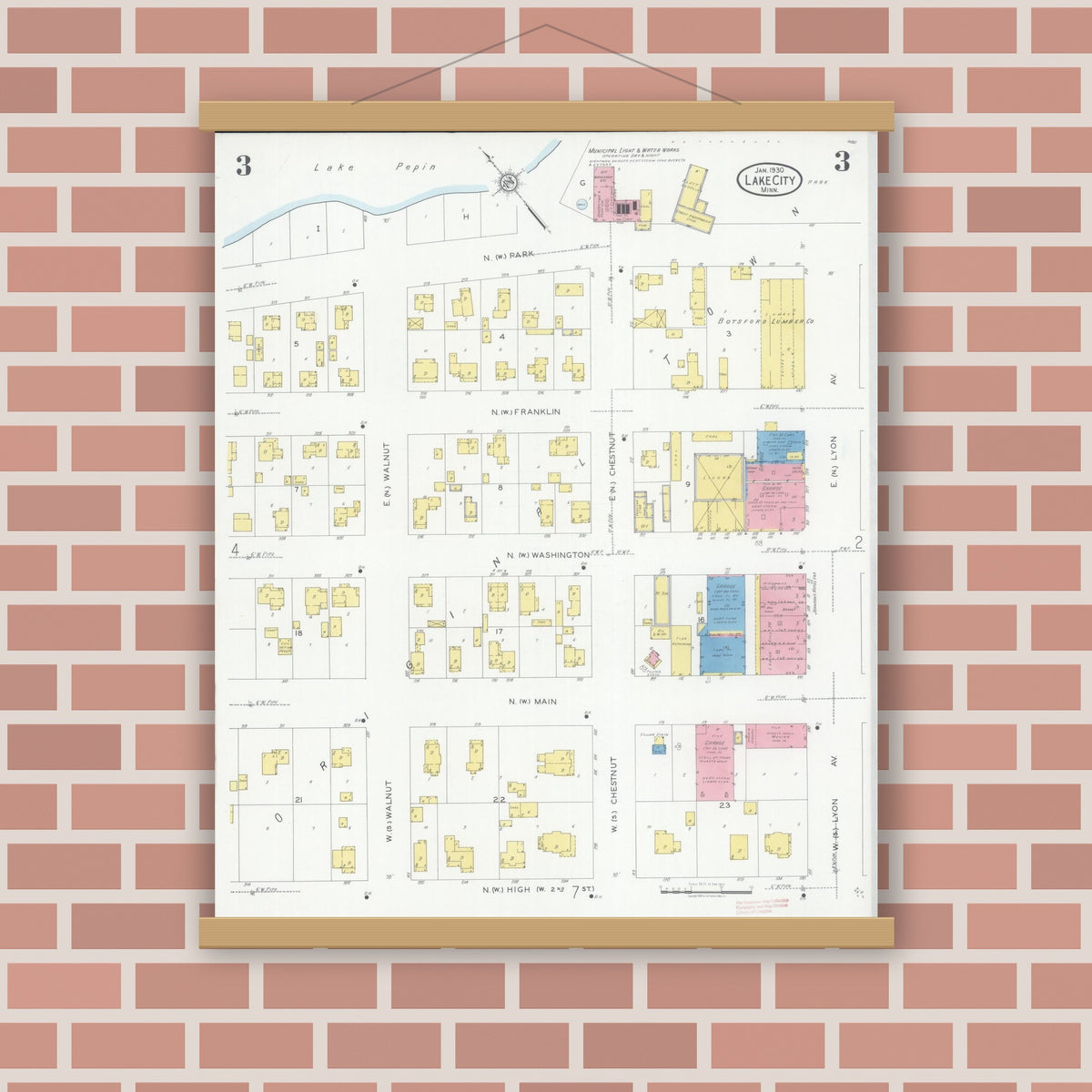 Old map wall art mockup — magnetic wood frame on brick wall — Sanborn Fire Insurance Map from Lake City, Wabasha County, Minnesota (1930), Sheet #0003