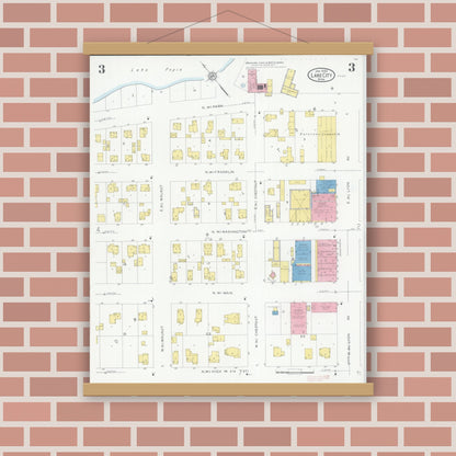 Old map wall art mockup — magnetic wood frame on brick wall — Sanborn Fire Insurance Map from Lake City, Wabasha County, Minnesota (1930), Sheet #0003
