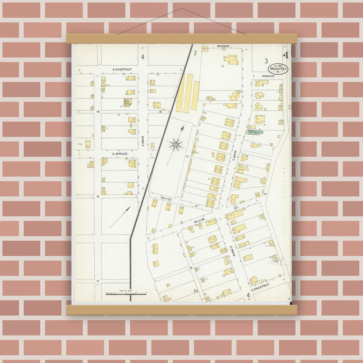 Old map wall art mockup — magnetic wood frame on brick wall — Sanborn Fire Insurance Map from Mahaffly, Clearfield County, Pennsylvania (1903), Sheet #0004