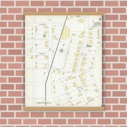 Old map wall art mockup — magnetic wood frame on brick wall — Sanborn Fire Insurance Map from Mahaffly, Clearfield County, Pennsylvania (1903), Sheet #0004