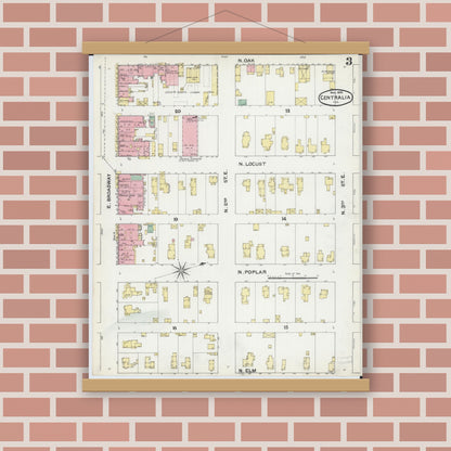 Old map wall art mockup — magnetic wood frame on brick wall — Sanborn Fire Insurance Map from Centralia, Marion, Clinton, Jefferson, and Washington Counties, Illinois (1892), Sheet #0003
