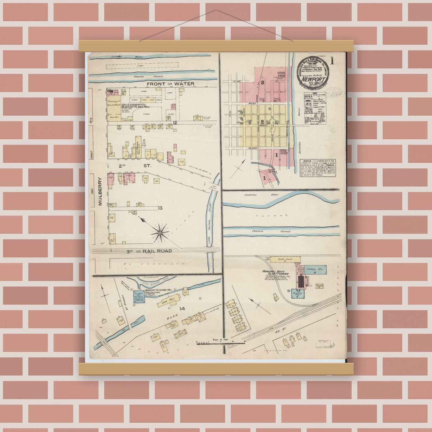 Old map wall art mockup — magnetic wood frame on brick wall — Sanborn Fire Insurance Map from Newport, Perry County, Pennsylvania (1884), Sheet #0001