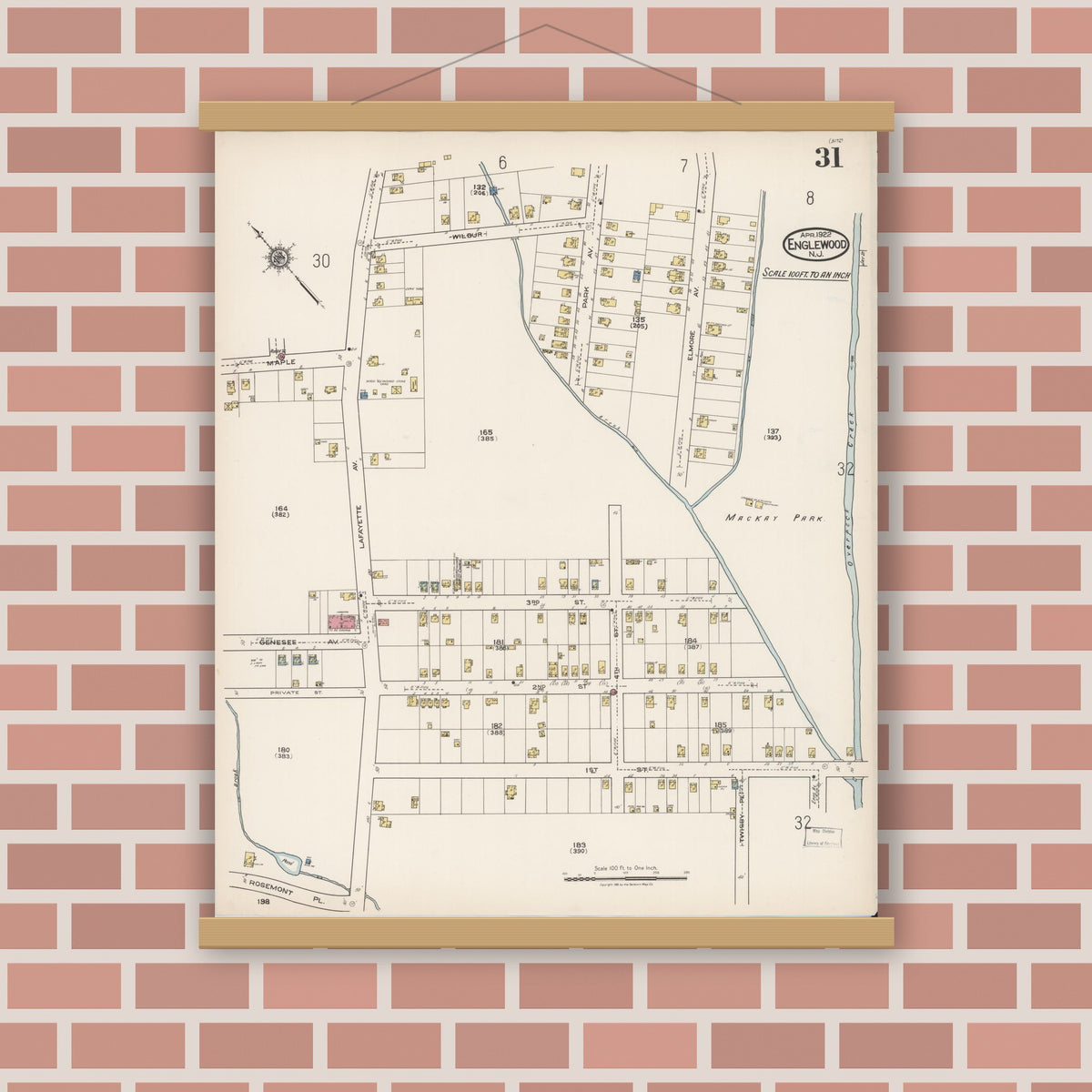 Old map wall art mockup — magnetic wood frame on brick wall — Sanborn Fire Insurance Map from Englewood, Bergen County, New Jersey (1922), Sheet #0031