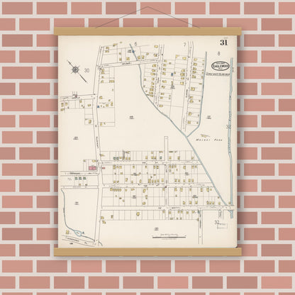Old map wall art mockup — magnetic wood frame on brick wall — Sanborn Fire Insurance Map from Englewood, Bergen County, New Jersey (1922), Sheet #0031