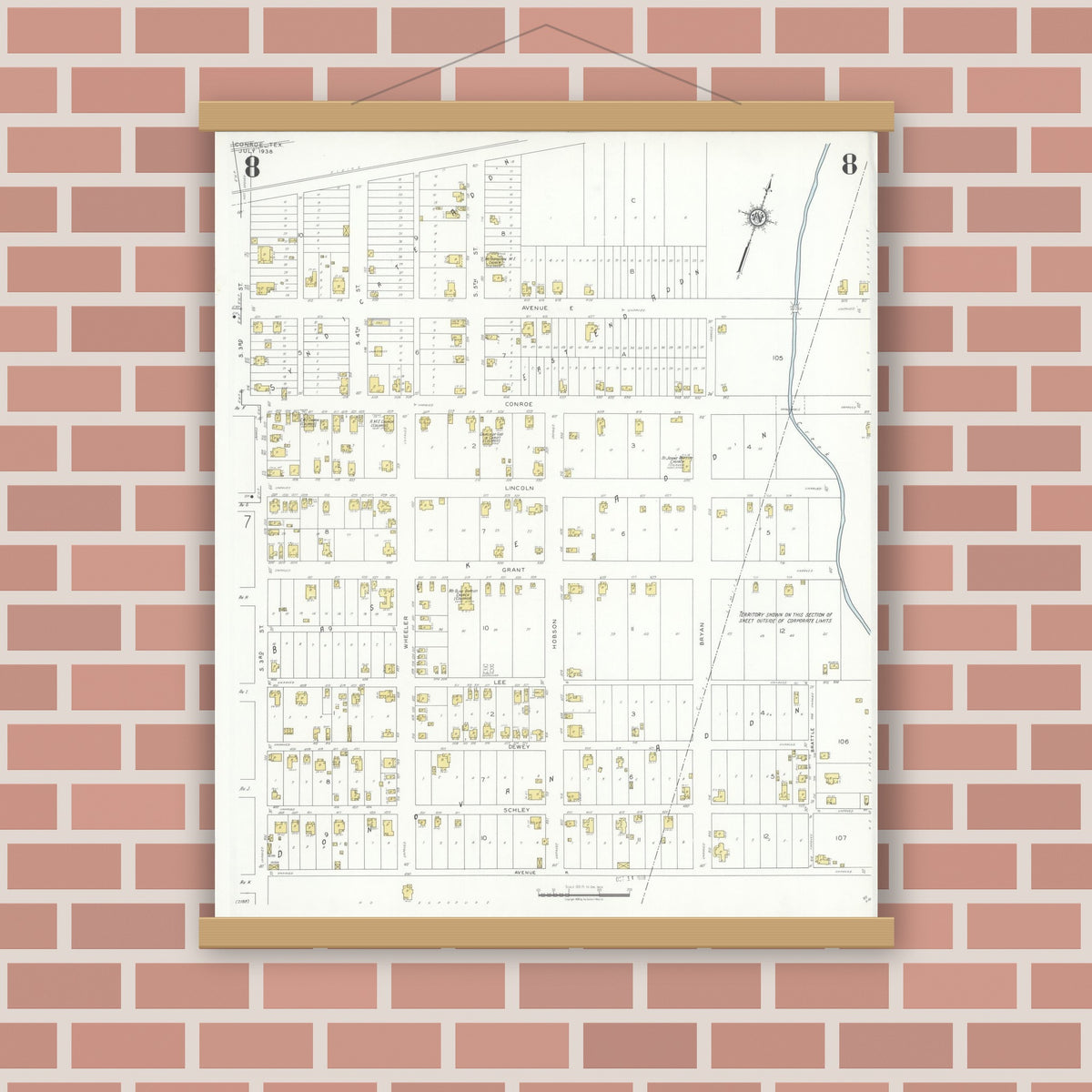 Old map wall art mockup — magnetic wood frame on brick wall — Sanborn Fire Insurance Map from Conroe, Montgomery County, Texas (1938), Sheet #0008