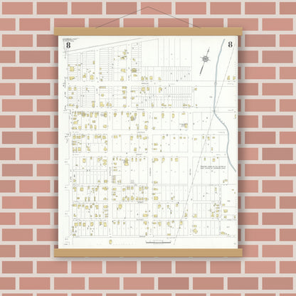 Old map wall art mockup — magnetic wood frame on brick wall — Sanborn Fire Insurance Map from Conroe, Montgomery County, Texas (1938), Sheet #0008