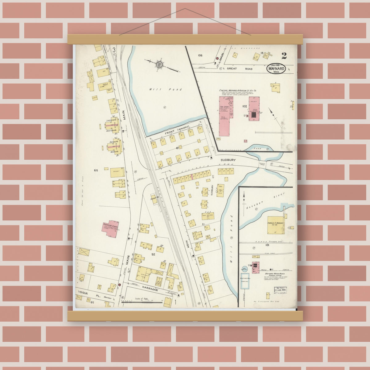 Old map wall art mockup — magnetic wood frame on brick wall — Sanborn Fire Insurance Map from Maynard, Middlesex County, Massachusetts (1915), Sheet #0002