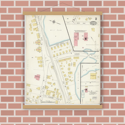Old map wall art mockup — magnetic wood frame on brick wall — Sanborn Fire Insurance Map from Maynard, Middlesex County, Massachusetts (1915), Sheet #0002