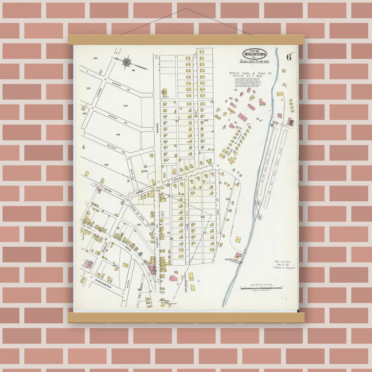Old map wall art mockup — magnetic wood frame on brick wall — Sanborn Fire Insurance Map from Masontown, Fayette County, Pennsylvania (1921), Sheet #0006
