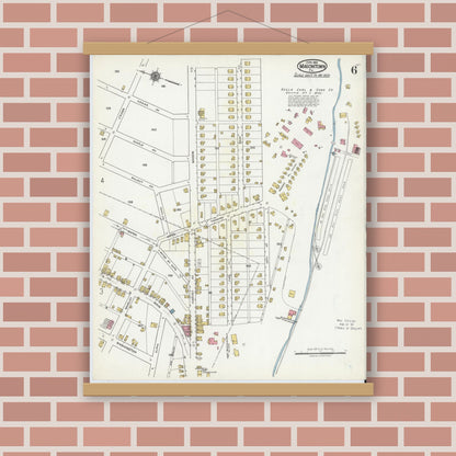 Old map wall art mockup — magnetic wood frame on brick wall — Sanborn Fire Insurance Map from Masontown, Fayette County, Pennsylvania (1921), Sheet #0006