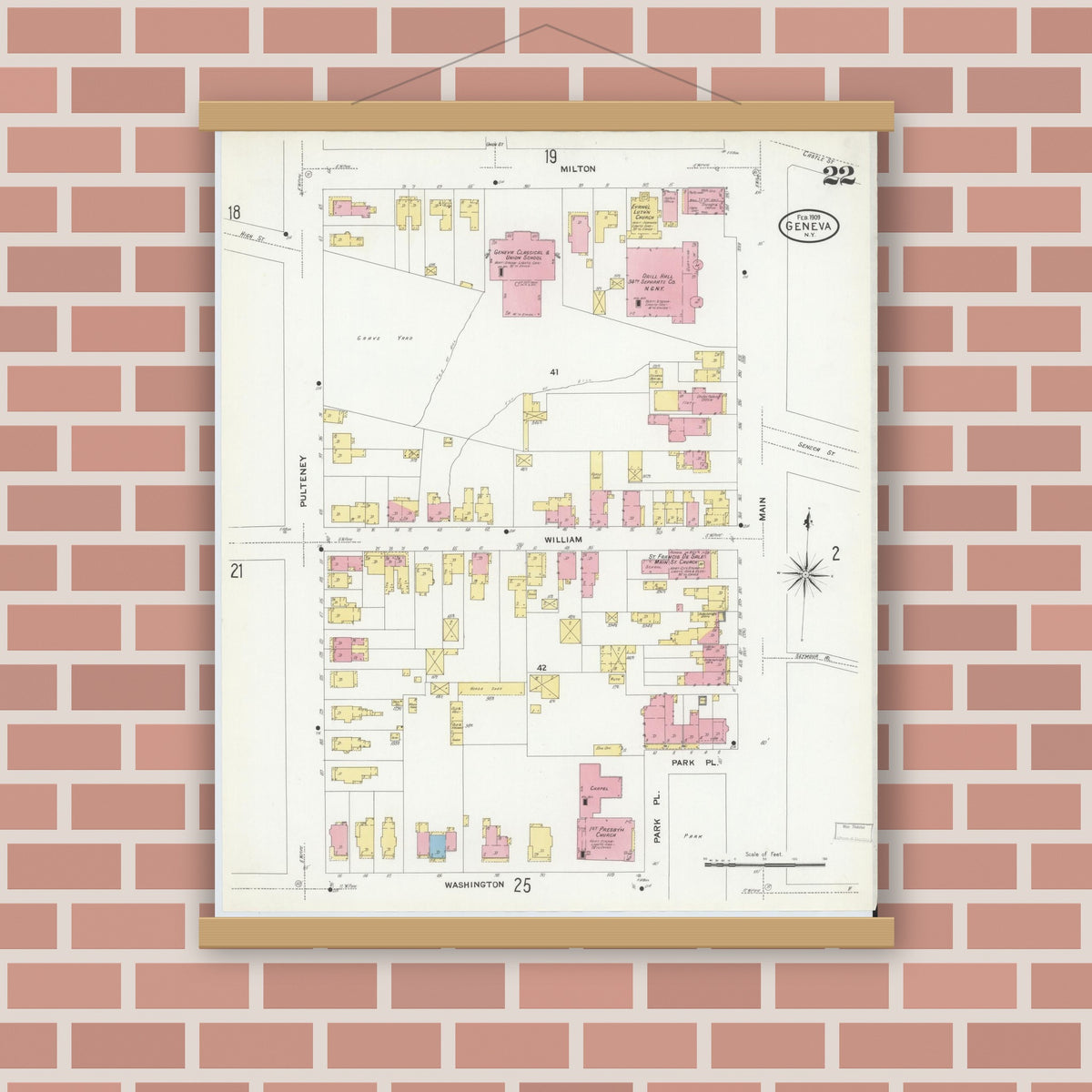 Old map wall art mockup — magnetic wood frame on brick wall — Sanborn Fire Insurance Map from Geneva, Ontario County, New York (1909), Sheet #0022