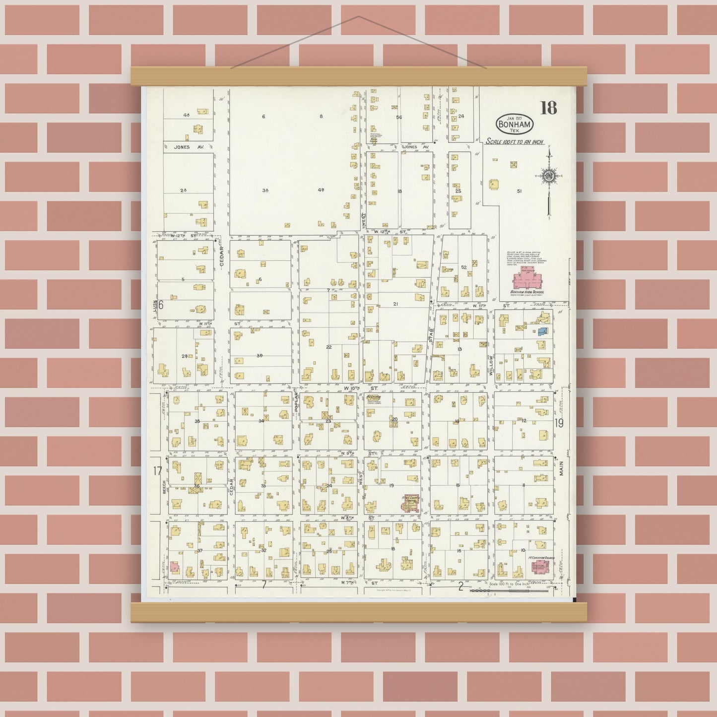 Old map wall art mockup — magnetic wood frame on brick wall — Sanborn Fire Insurance Map from Bonham, Fannin County, Texas (1917), Sheet #0018