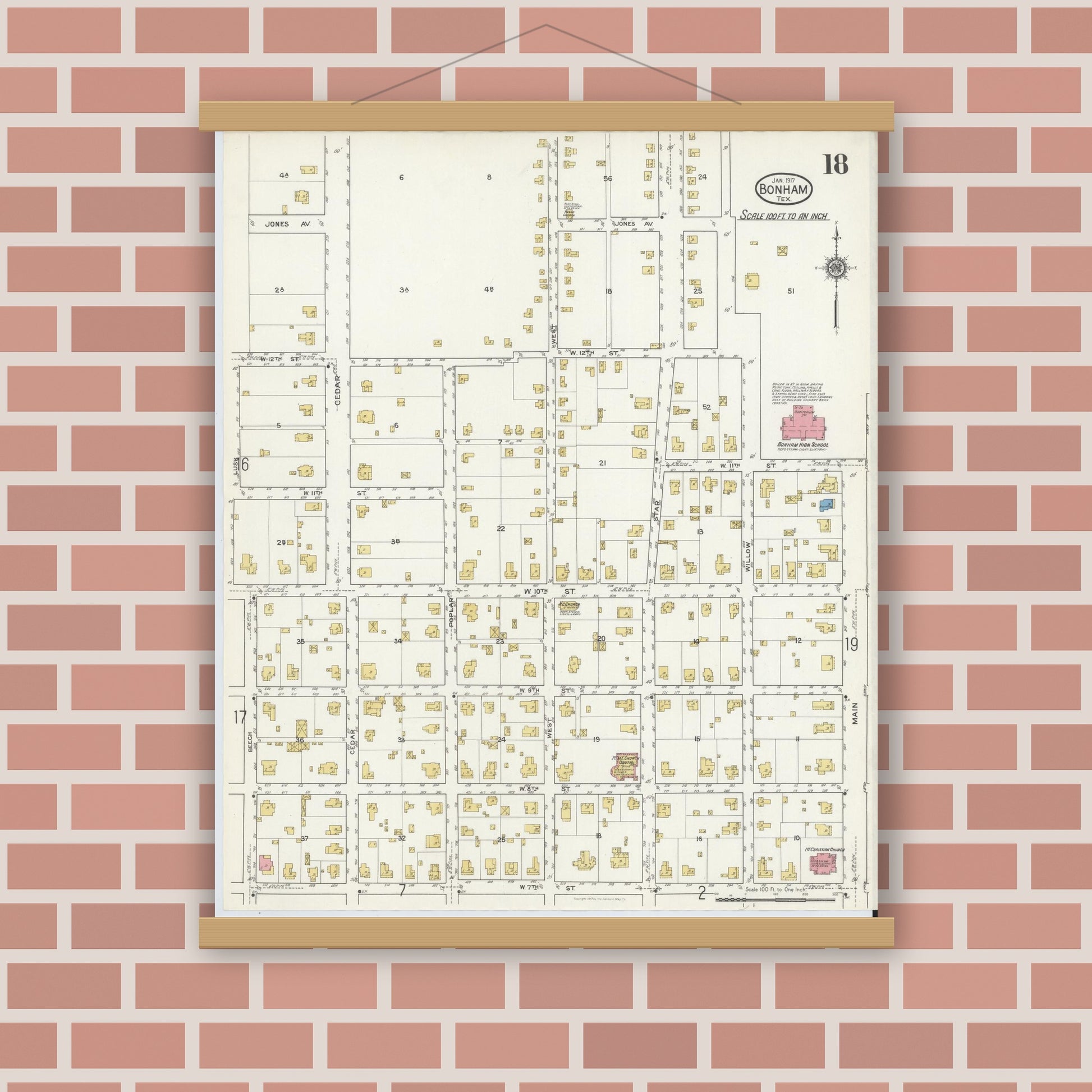 Old map wall art mockup — magnetic wood frame on brick wall — Sanborn Fire Insurance Map from Bonham, Fannin County, Texas (1917), Sheet #0018