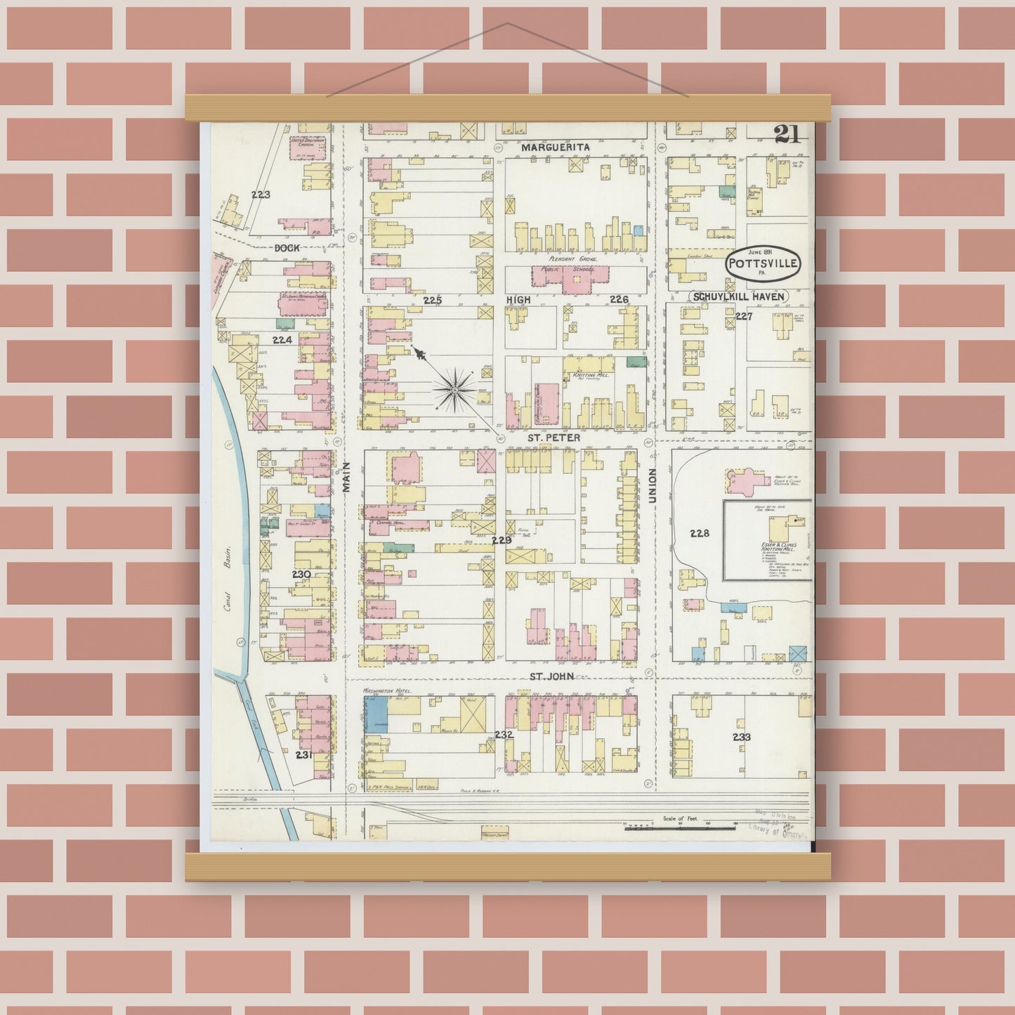 Old map wall art mockup — magnetic wood frame on brick wall — Sanborn Fire Insurance Map from Pottsville, Schuylkill County, Pennsylvania (1891), Sheet #0021