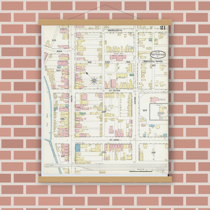 Old map wall art mockup — magnetic wood frame on brick wall — Sanborn Fire Insurance Map from Pottsville, Schuylkill County, Pennsylvania (1891), Sheet #0021