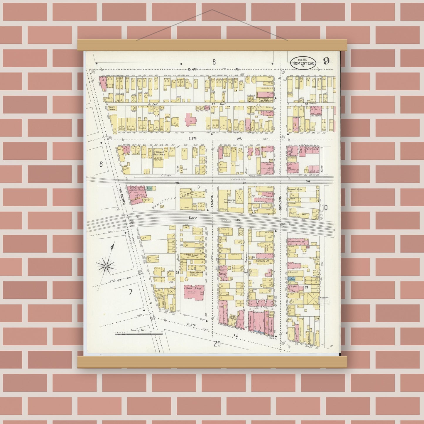 Old map wall art mockup — magnetic wood frame on brick wall — Sanborn Fire Insurance Map from Homestead, Allegheny County, Pennsylvania (1907), Sheet #0009