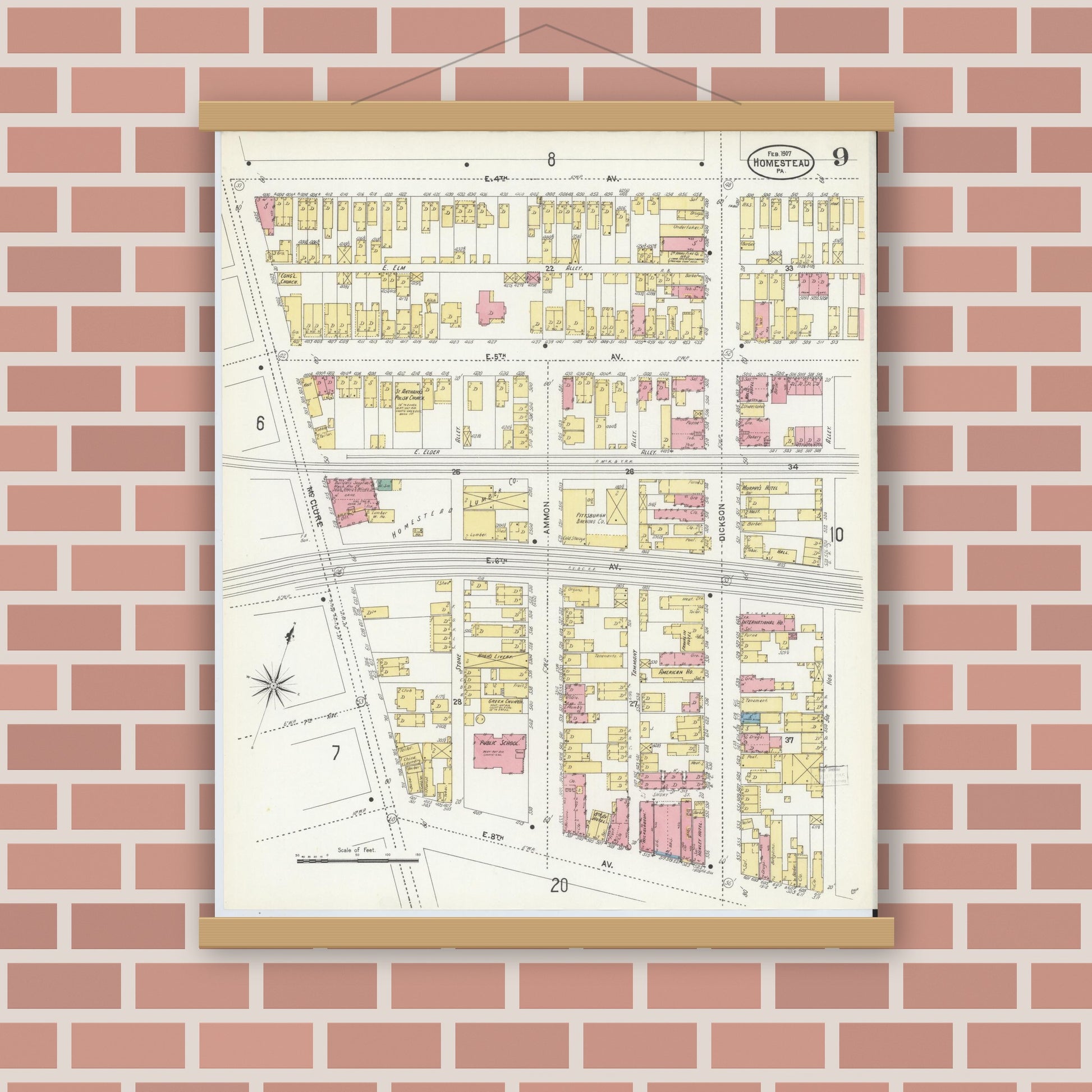 Old map wall art mockup — magnetic wood frame on brick wall — Sanborn Fire Insurance Map from Homestead, Allegheny County, Pennsylvania (1907), Sheet #0009