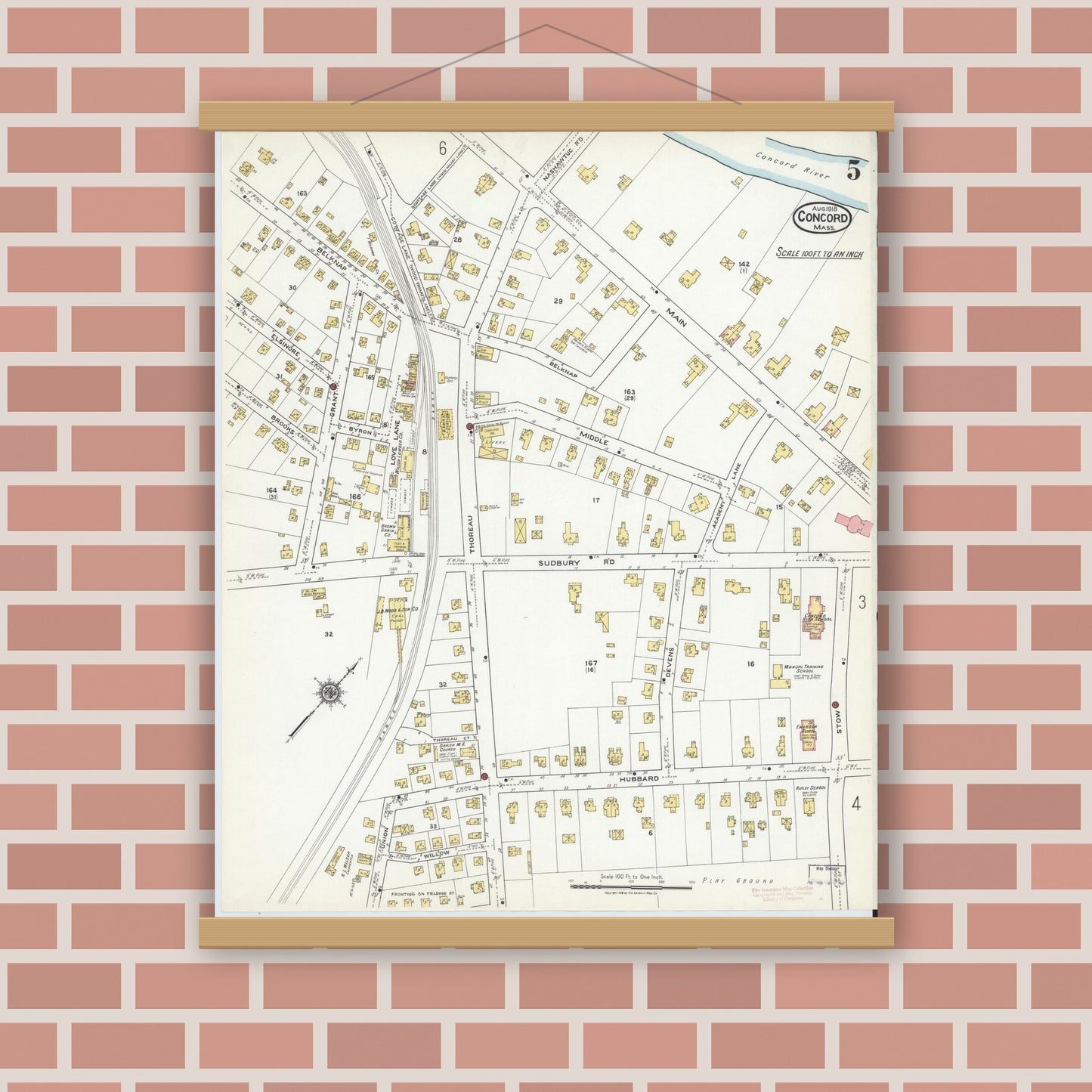 Old map wall art mockup — magnetic wood frame on brick wall — Sanborn Fire Insurance Map from Concord, Middlesex County, Massachusetts (1918), Sheet #0005