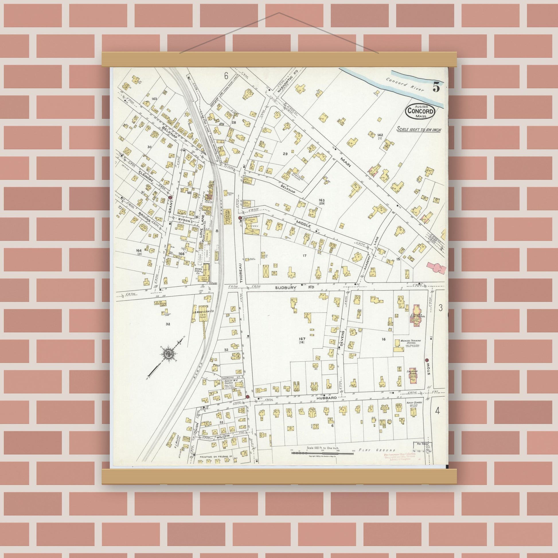 Old map wall art mockup — magnetic wood frame on brick wall — Sanborn Fire Insurance Map from Concord, Middlesex County, Massachusetts (1918), Sheet #0005